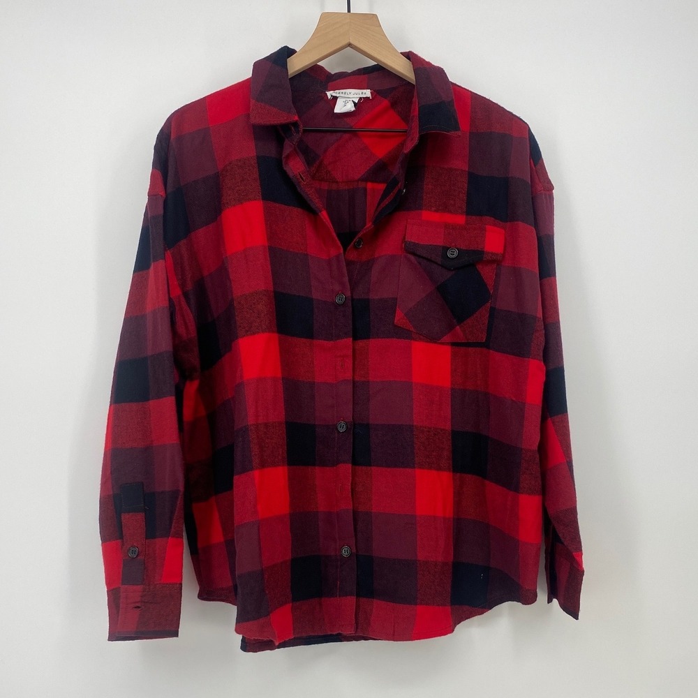 Sincerely Jules Button Up Shirt M Red Buffalo Plaid Long Sleeve Relaxed